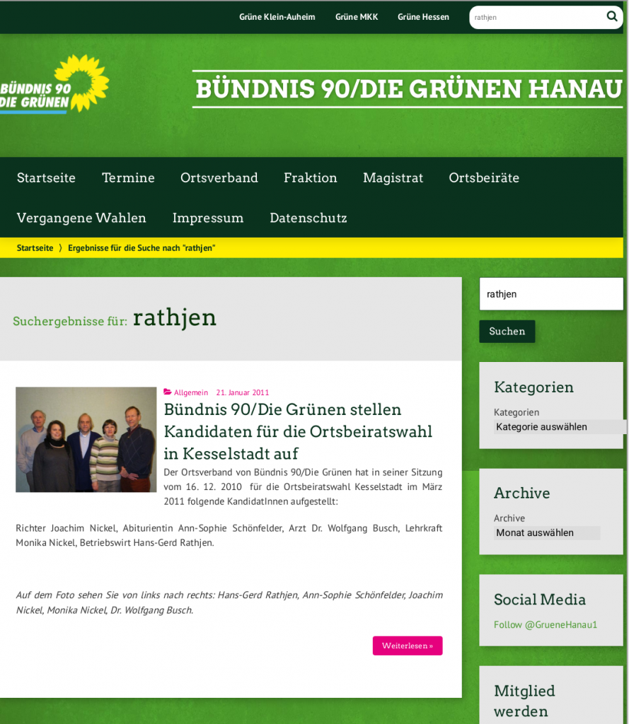 Bildschirmfoto der gelöschten Homepageseite der Grünen Hanau.